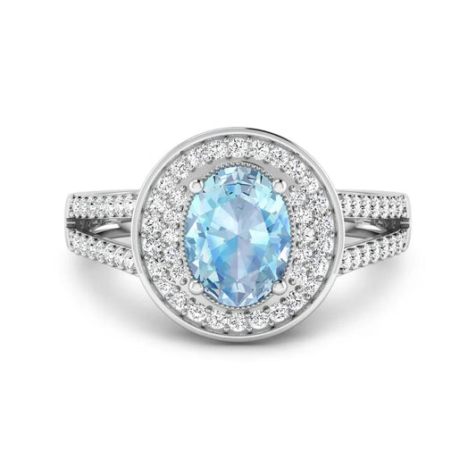 Genuine Aquamarine Diamond Halo Pave Ring