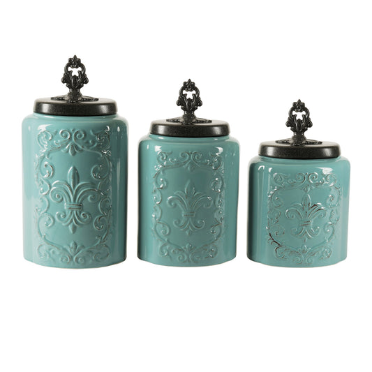 Jay Companies Blue Antique Stoneware Canister Set, 3 Pieces