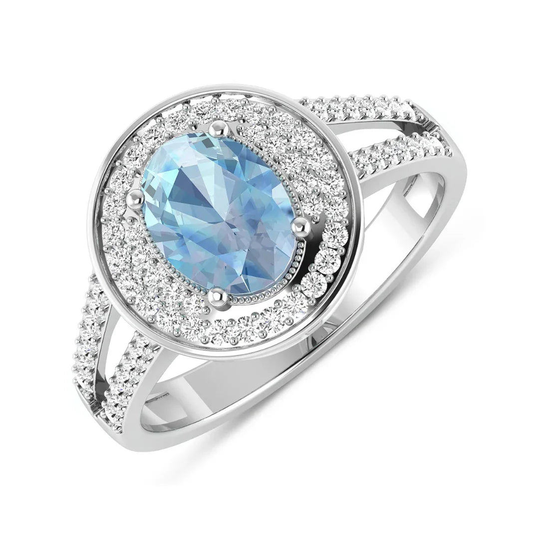 Genuine Aquamarine Diamond Halo Pave Ring