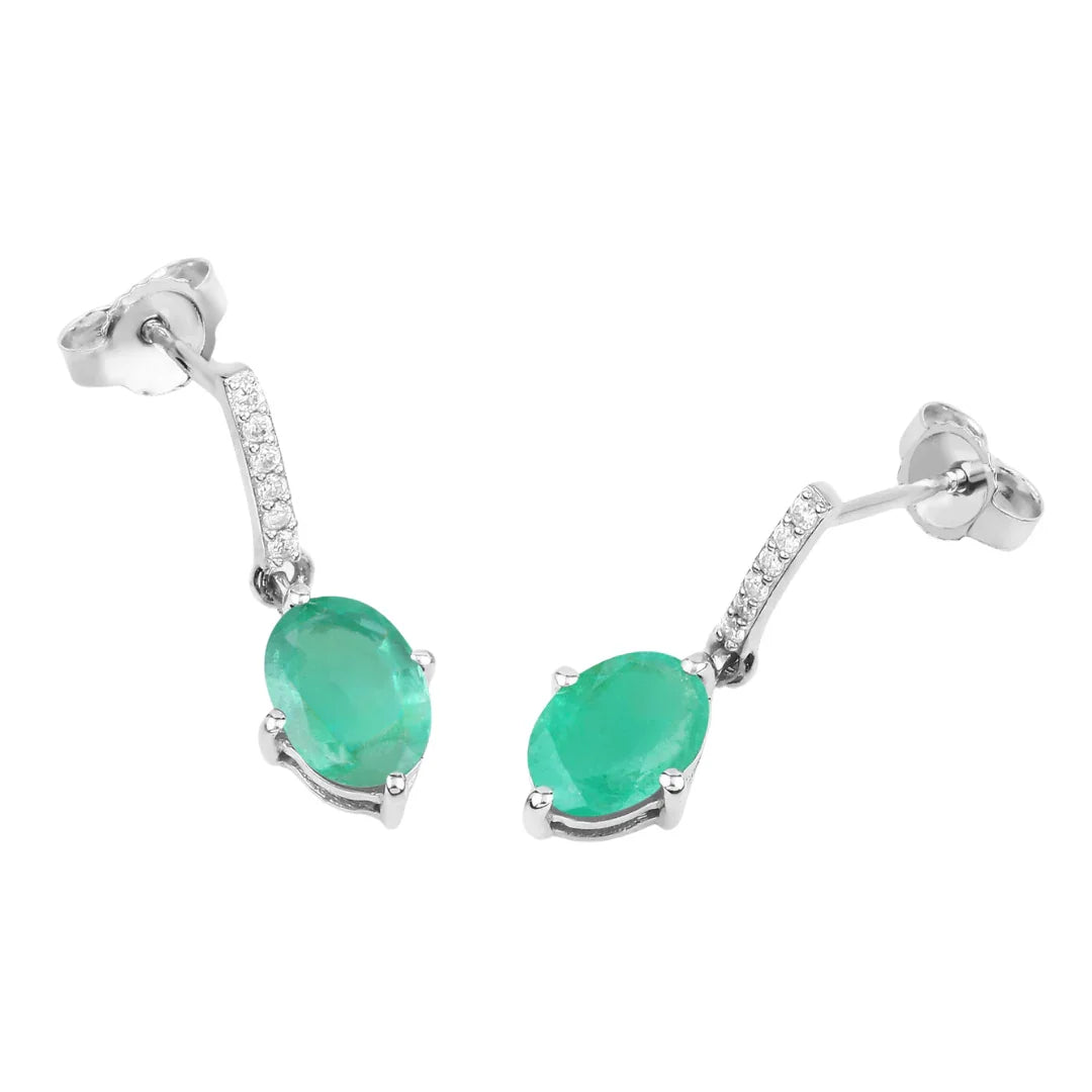 1.44 Ct Oval Green Zambian Emerald Diamond Prong 10K Gold Dangle Earrings
