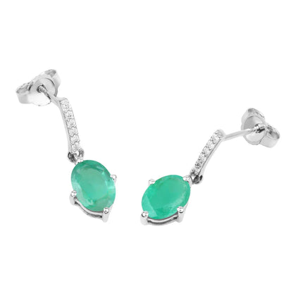 1.44 Ct Oval Green Zambian Emerald Diamond Prong 10K Gold Dangle Earrings