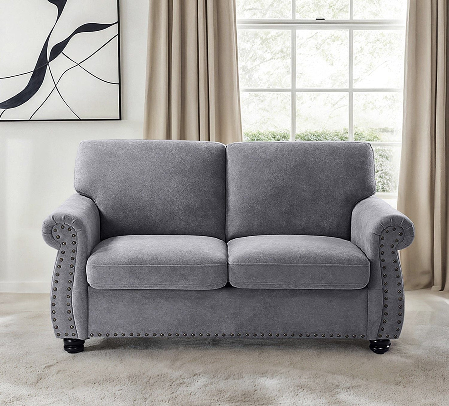 Soft Loveseat, Upholstered 2 Seater Couch, Loose Back Cushions and Turned Legs