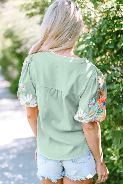 Threaded Pear Reya Floral Embroidered Puff Sleeve Split Neck Blouse