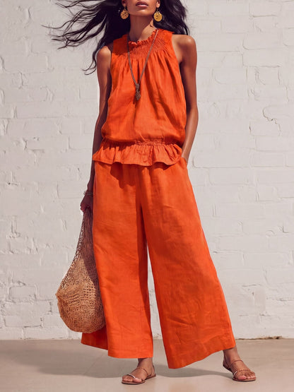 Women's Smocked Neckline Ruffle Hem Linen Tank & Wide-Leg Cropped Pants Set