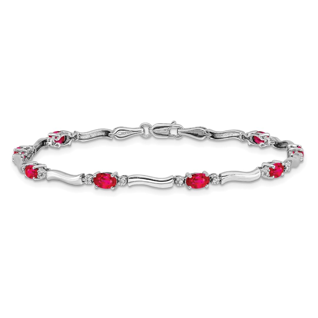 Oval Red Ruby & Diamond Prong 14K White Gold Wave Link Bracelet