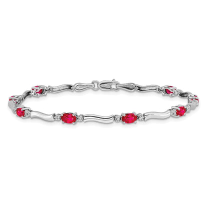 Oval Red Ruby & Diamond Prong 14K White Gold Wave Link Bracelet