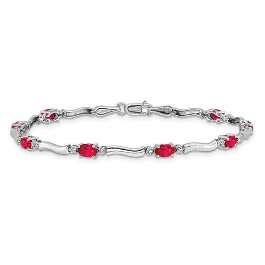 Oval Red Ruby & Diamond Prong 14K White Gold Wave Link Bracelet