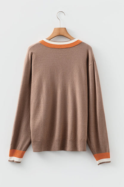 Threaded Pear Scarlett Striped Trim Varsity Sweater