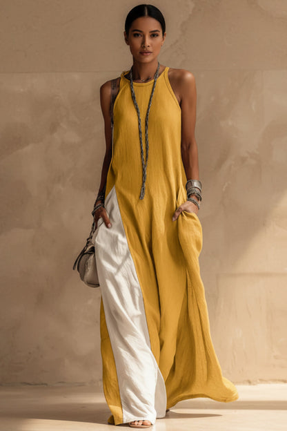 Off-Shoulder Color-Block Flared Maxi Dress with Pockets