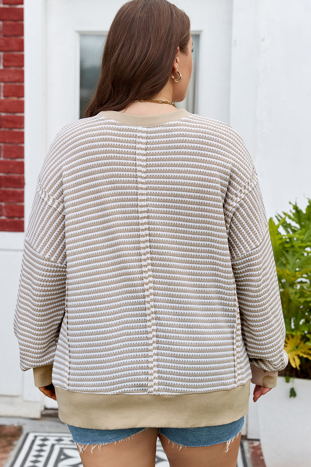Threaded Pear Vanessa Knit Ribbed Trim Long Sleeve PLUS Top