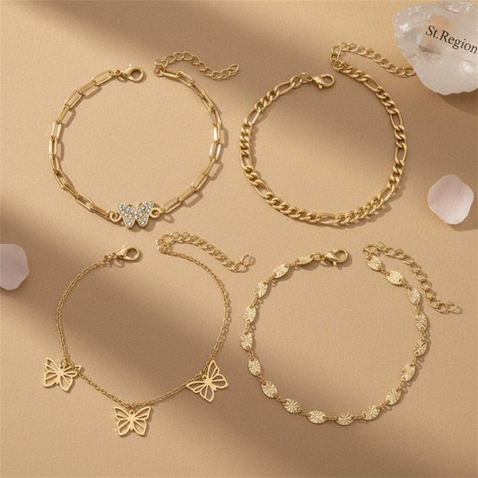 Cubic Zirconia & Goldtone Butterfly Cham Tassel Anklet Set