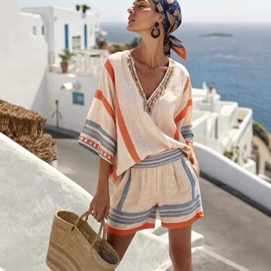 Women's Striped Linen V-Neck Top & Shorts Set with Embroidered Neckline