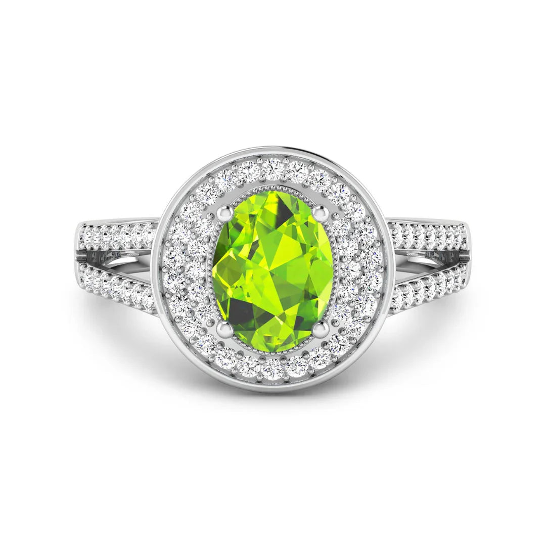 1.39 Ct Oval Green Peridot and White Diamond Prong Silver Double Halo Pave Ring