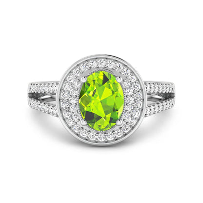 1.39 Ct Oval Green Peridot and White Diamond Prong Silver Double Halo Pave Ring