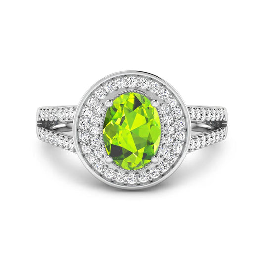 1.39 Ct Oval Green Peridot and White Diamond Prong Silver Double Halo Pave Ring