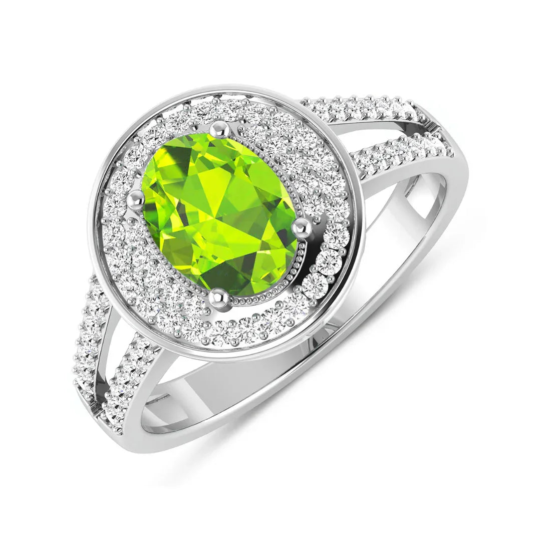 1.39 Ct Oval Green Peridot and White Diamond Prong Silver Double Halo Pave Ring