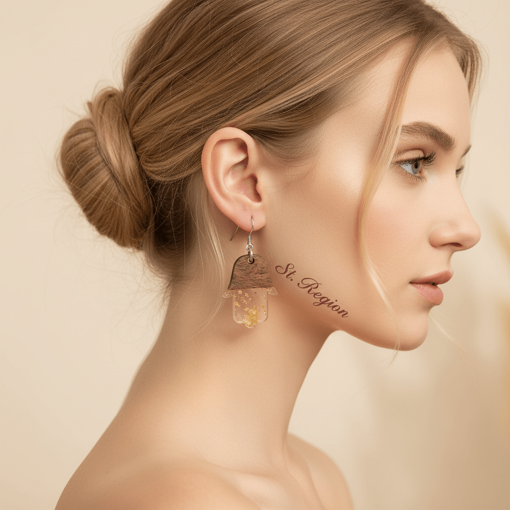 Clear Resin & Wood Silvertone Patchwork Hamsa Hook Earrings