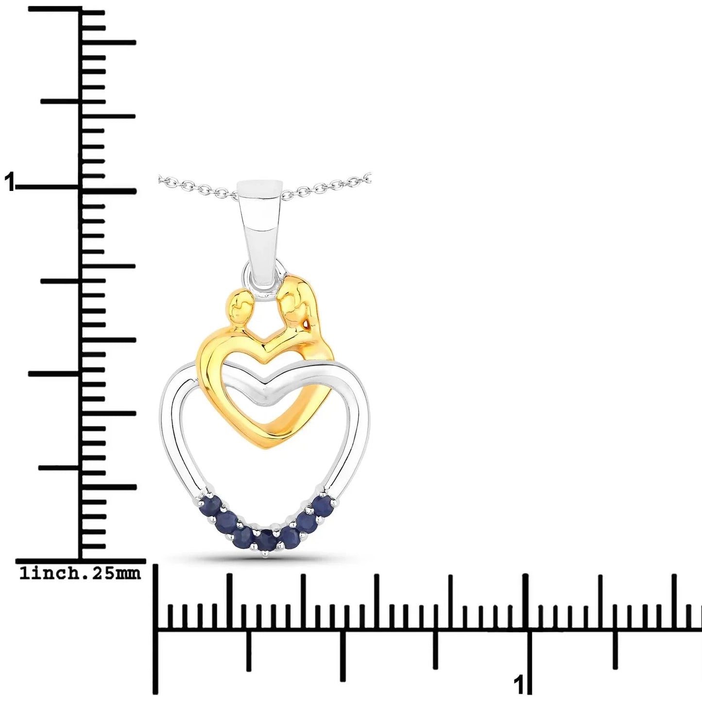 Round Blue Sapphire Prong Silver Double Heart Pendant Necklace