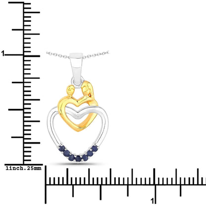 Round Blue Sapphire Prong Silver Double Heart Pendant Necklace