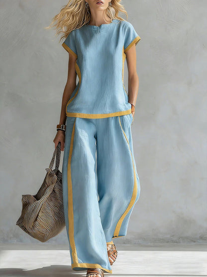 Solid Color Shirt & Wide-Leg Trousers Two-Piece Set