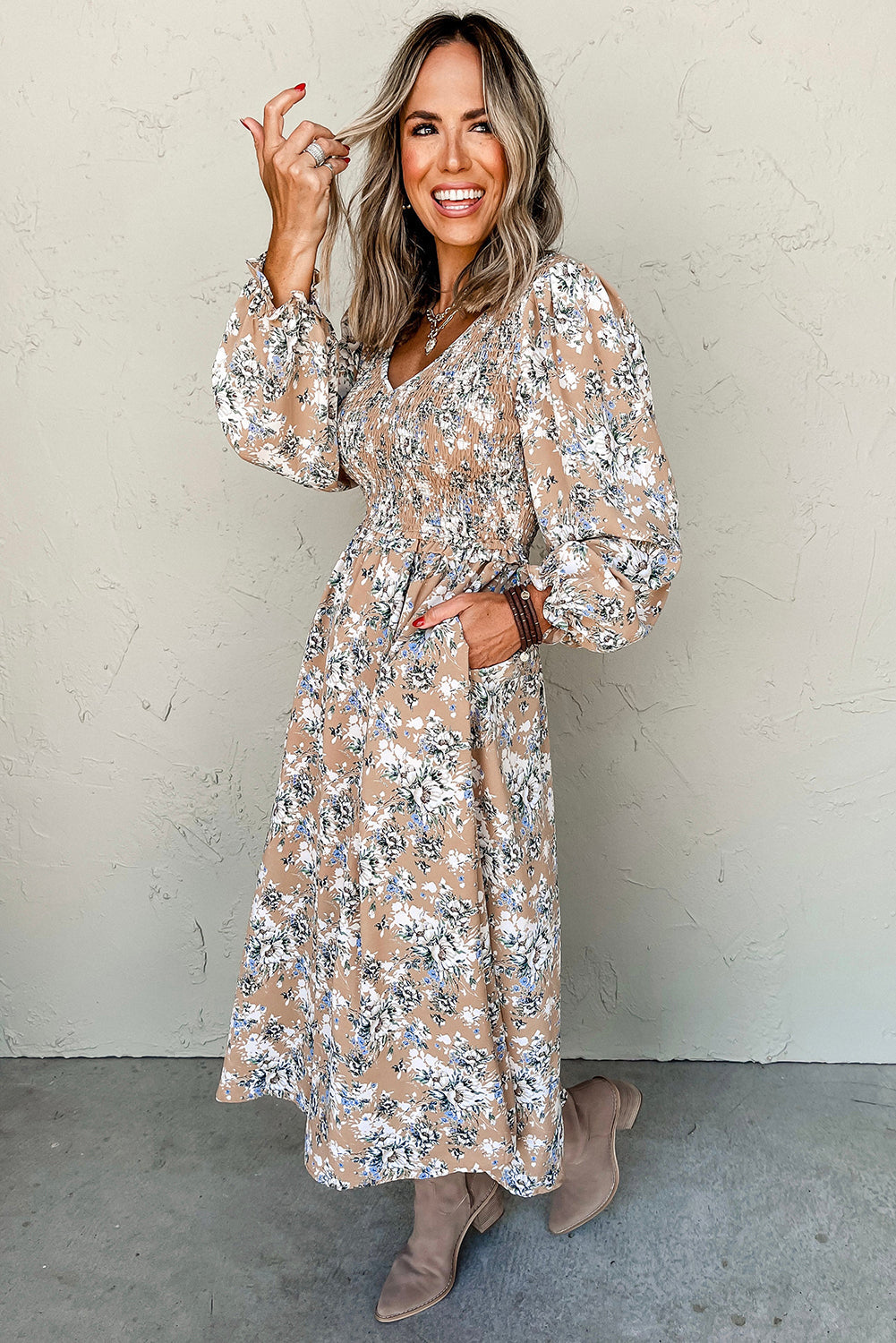 Threaded Pear Indy Puff Sleeve Long Dress