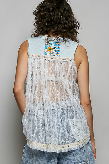 POL Floral V-Neck Sheer Tank with Lace Trim in Soda Candy
