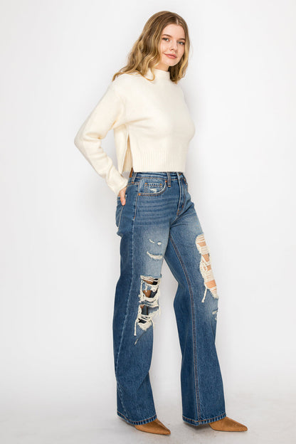Hybrid Stretch Ripped Relaced Flare Jeans