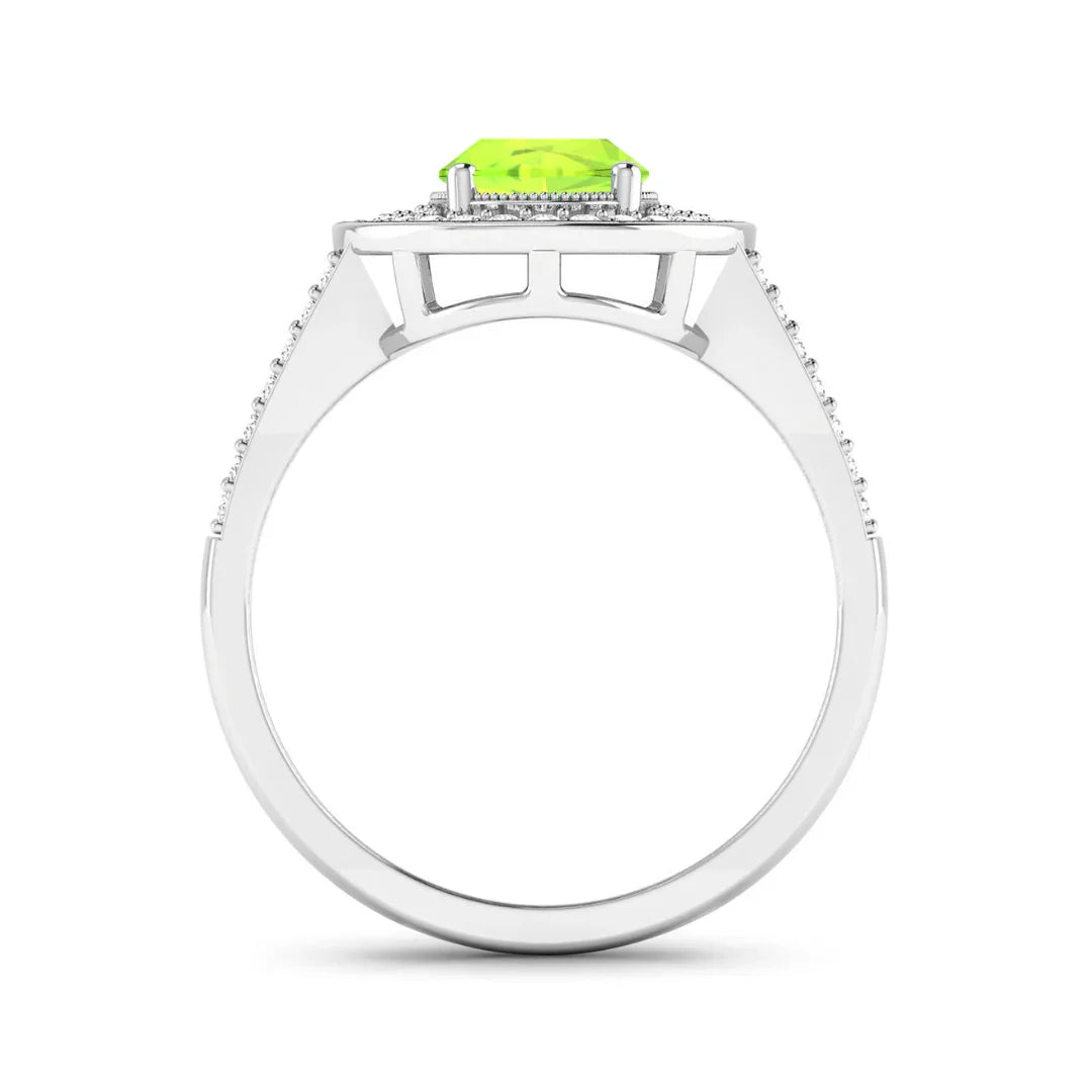 1.39 Ct Oval Green Peridot and White Diamond Prong Silver Double Halo Pave Ring