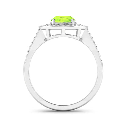 1.39 Ct Oval Green Peridot and White Diamond Prong Silver Double Halo Pave Ring