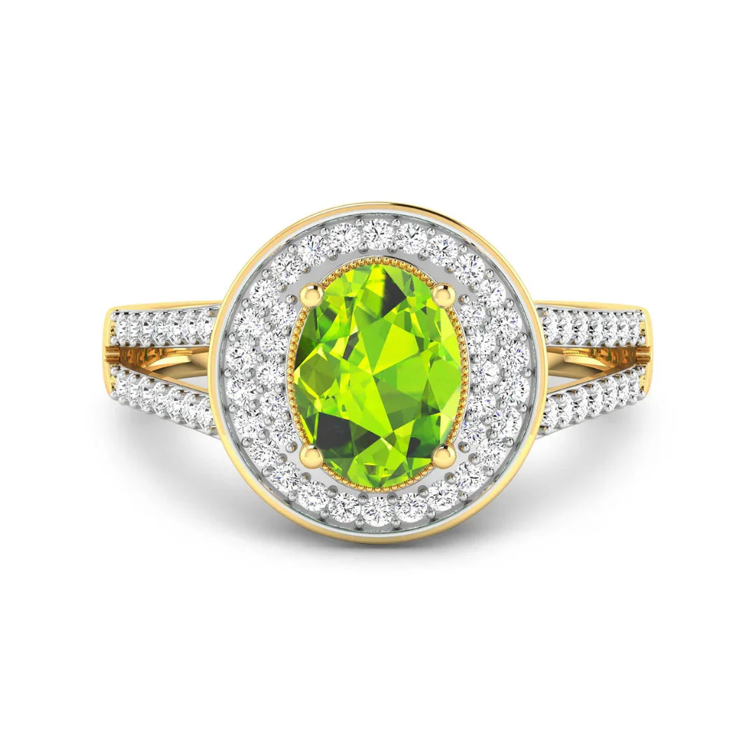 1.39 Ct Oval Green Peridot and White Diamond Prong Silver Double Halo Pave Ring