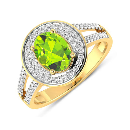 1.39 Ct Oval Green Peridot and White Diamond Prong Silver Double Halo Pave Ring