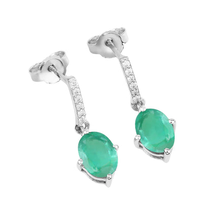 1.44 Ct Oval Green Zambian Emerald Diamond Prong 10K Gold Dangle Earrings