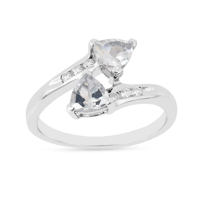 1.10 Ct Trillon Cut Light Blue Aquamarine V-Prong Rhodium Over Silver Dual Stone Bypass Ring