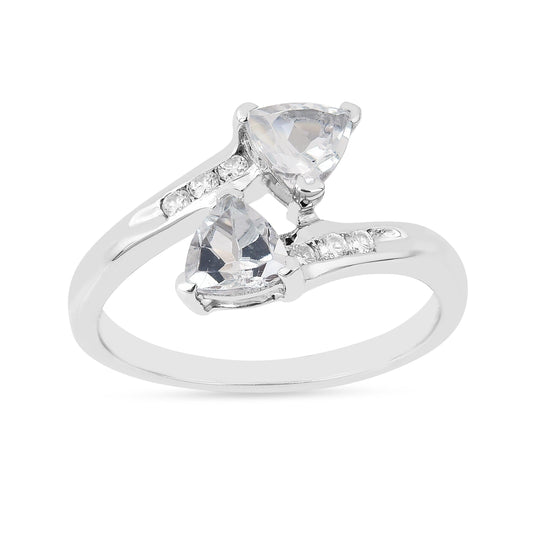 1.10 Ct Trillon Cut Light Blue Aquamarine V-Prong Rhodium Over Silver Dual Stone Bypass Ring