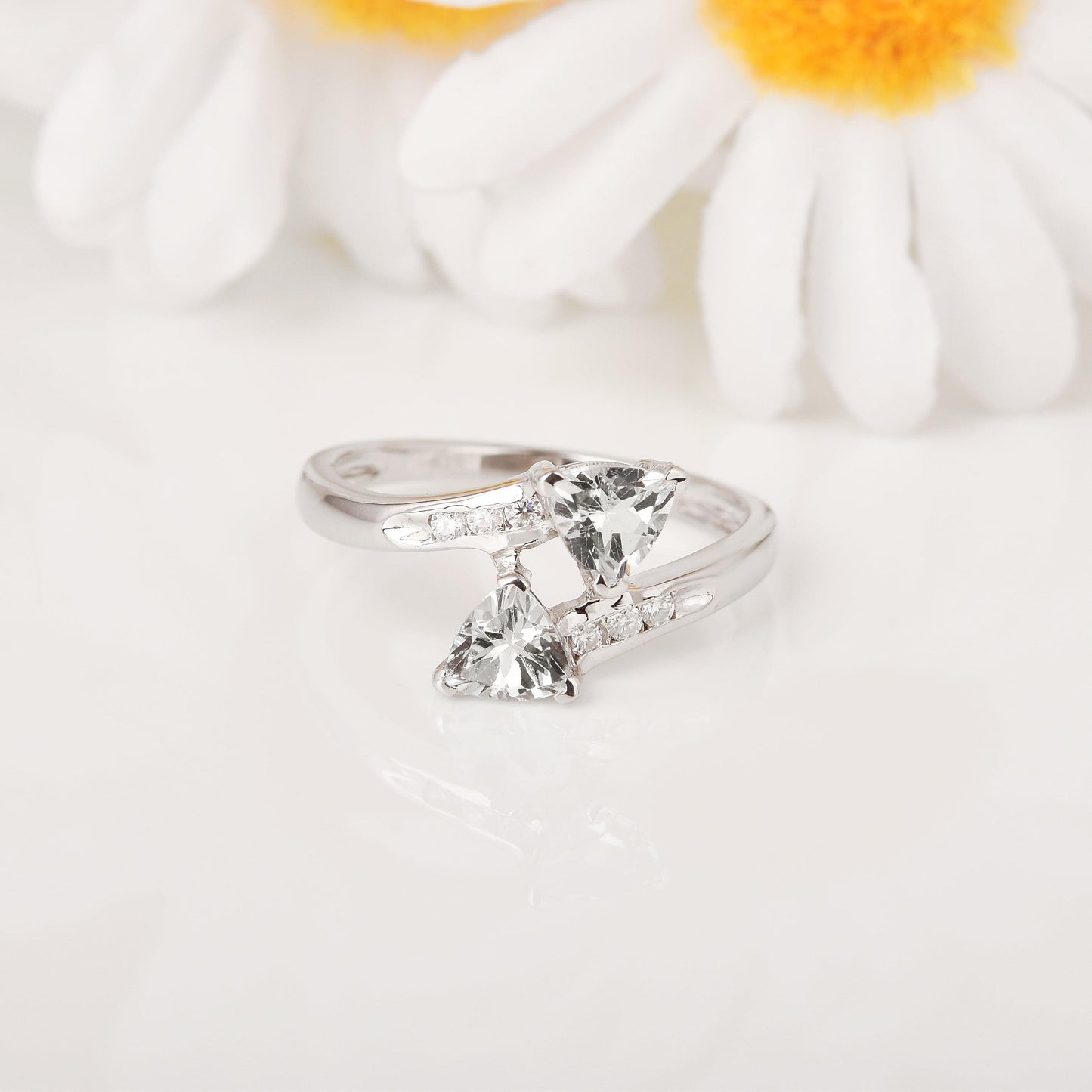 1.10 Ct Trillon Cut Light Blue Aquamarine V-Prong Rhodium Over Silver Dual Stone Bypass Ring