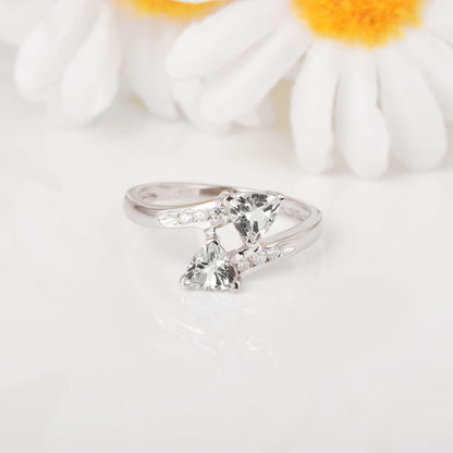 1.10 Ct Trillon Cut Light Blue Aquamarine V-Prong Rhodium Over Silver Dual Stone Bypass Ring
