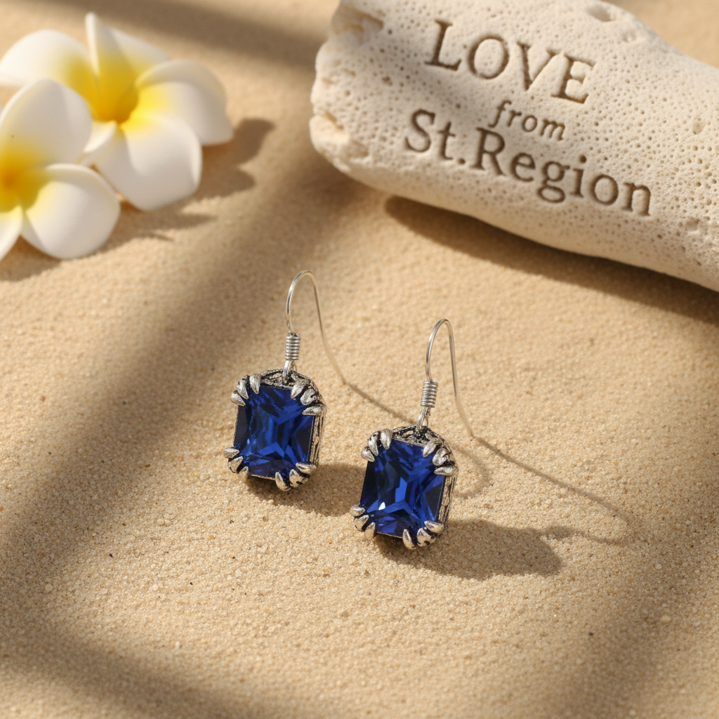 Navy Crystal & Silvertone Princess-Cut Drop Earrings
