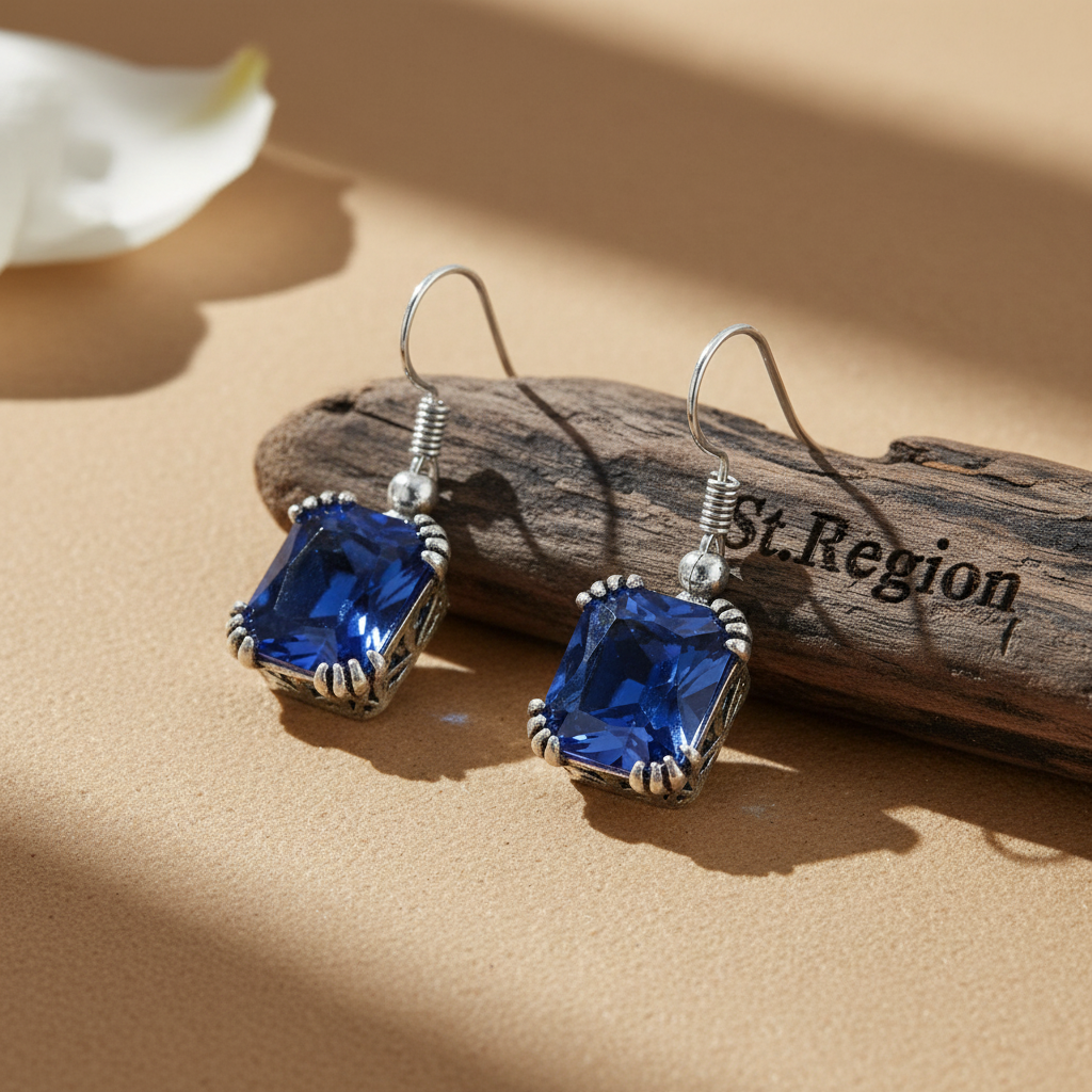 Navy Crystal & Silvertone Princess-Cut Drop Earrings