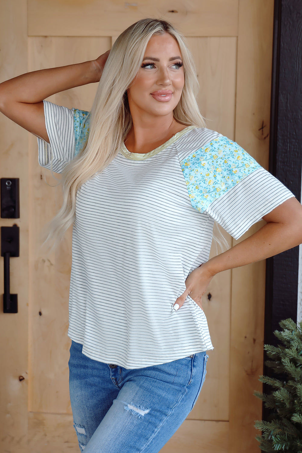 Threaded Pear Chana Stripe Floral Sleeves Top