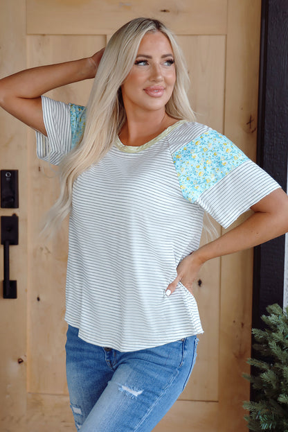 Threaded Pear Chana Stripe Floral Sleeves Top