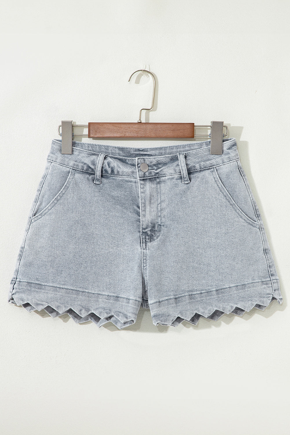 Threaded Pear Scalloped Acid Wash High Waist Denim Shorts