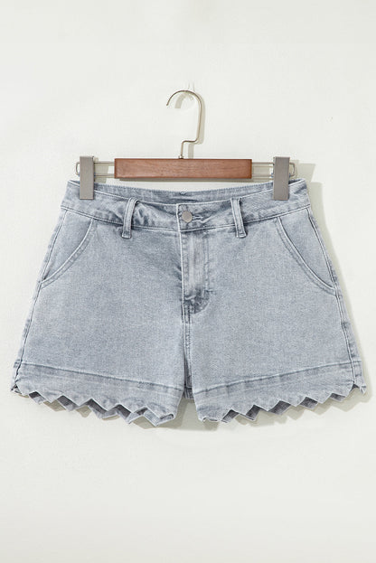 Threaded Pear Scalloped Acid Wash High Waist Denim Shorts