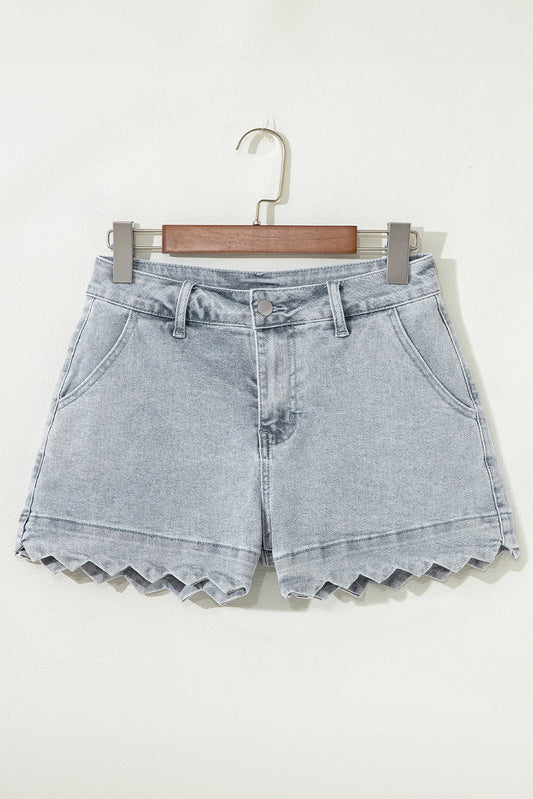 Threaded Pear Scalloped Acid Wash High Waist Denim Shorts