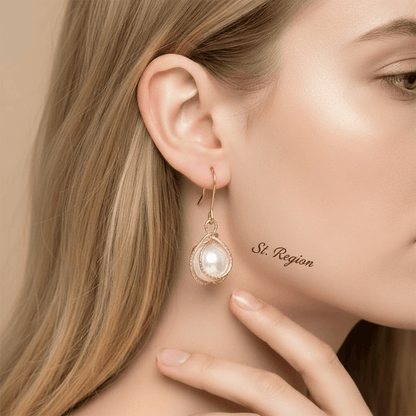 Pearl & Goldtone Textured Cage Hook Earrings