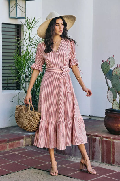 SO ME Stripe Textured Short Sleeves Lined Wrap Midi Dress