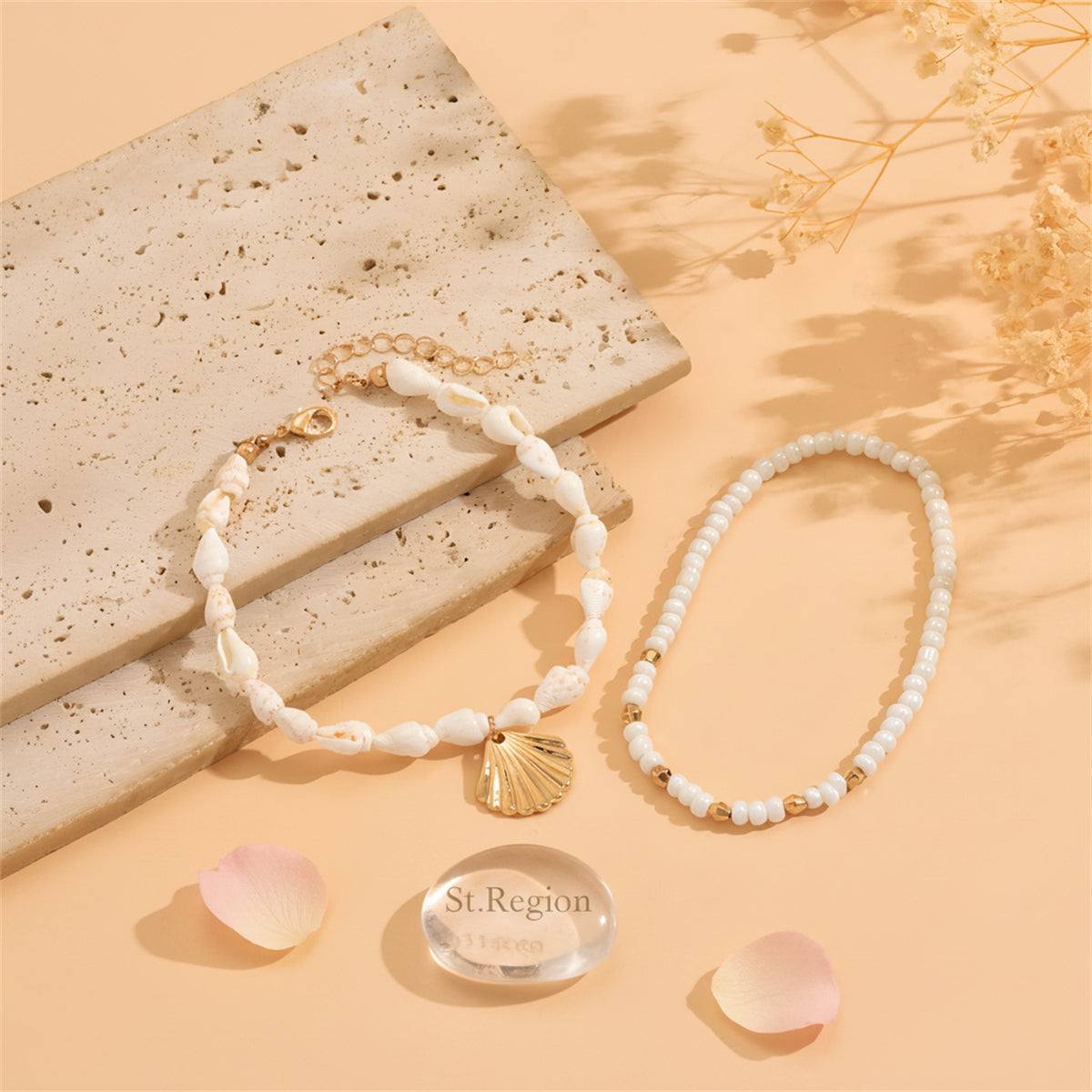 Genuine Shell & Howlite Goldtone Beads Stretch Anklet Set