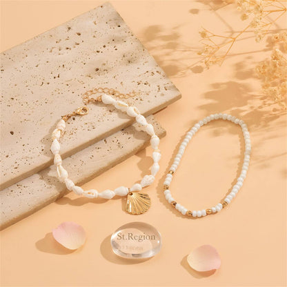 Genuine Shell & Howlite Goldtone Beads Stretch Anklet Set