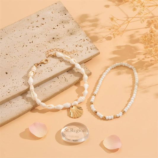 Genuine Shell & Howlite Goldtone Beads Stretch Anklet Set