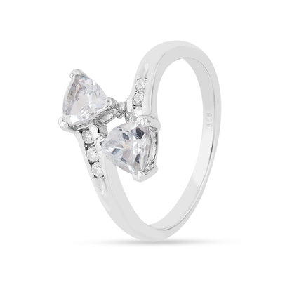 1.10 Ct Trillon Cut Light Blue Aquamarine V-Prong Rhodium Over Silver Dual Stone Bypass Ring