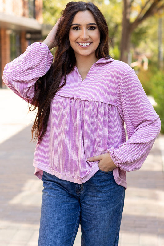 Threaded Pear Blake Corded V Neck Bubble Sleeve Blouse